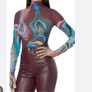 NWT AFRM Zadie Semi Sheer Orlando Turtleneck Mesh Top in Autumn Marble, XL